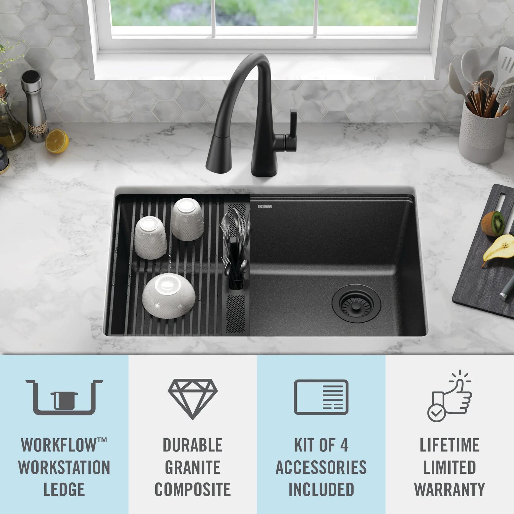 30&rdquo; Granite Composite Workstation Kitchen Sink Undermount Single Bowl with WorkFlow&trade; Ledge and Accessories in Metallic Black